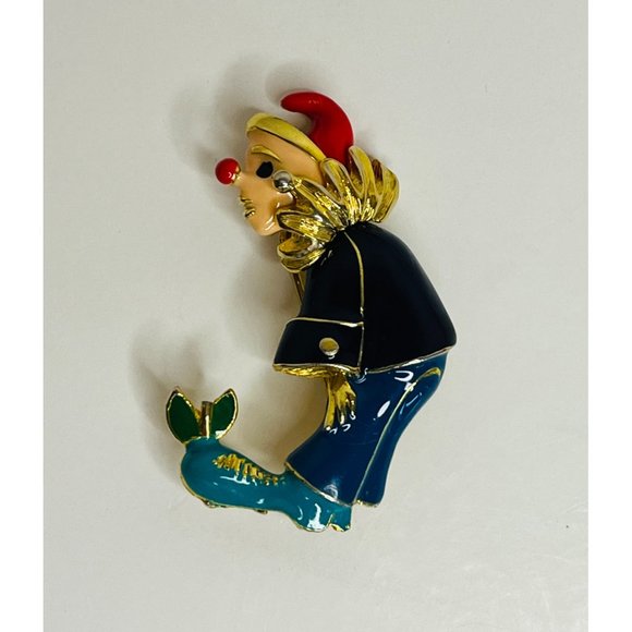 VINTAGE Enamel Clown Jester Brooch Pin Red Nose Gold Tone Funny Unique - Picture 3 of 8